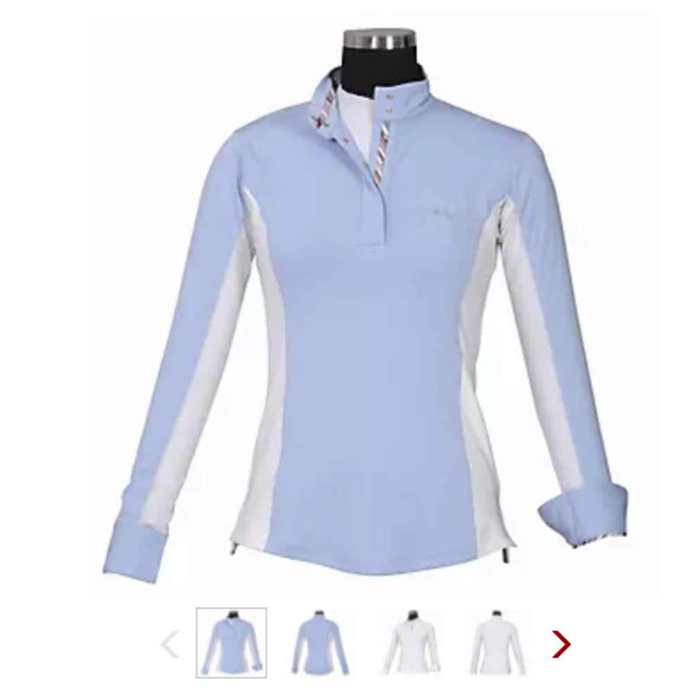 Equine Couture, Show Shirt. Women's Blue and White Long Sleeve equestrian top.